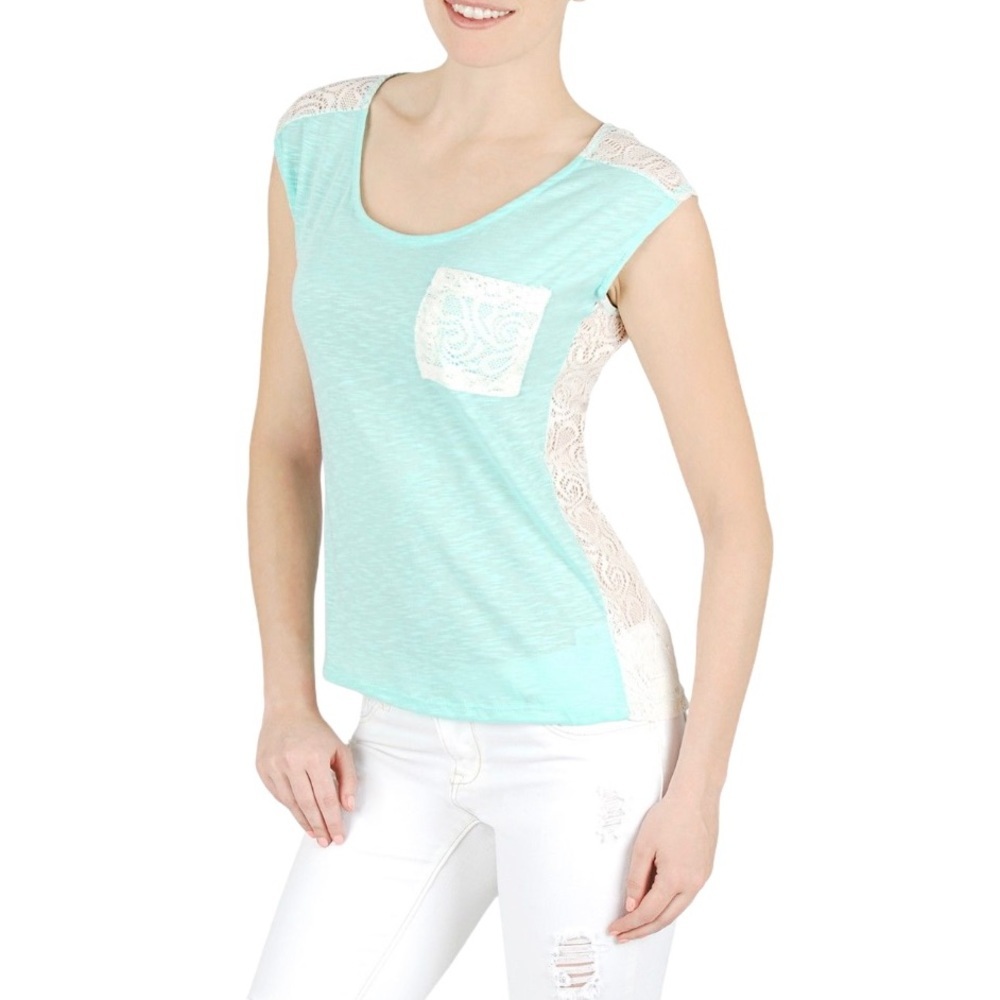 ARDENE Lace Pocket Tee Top With Scoop Neck & Cap Sleeves Blush Pink Size Large